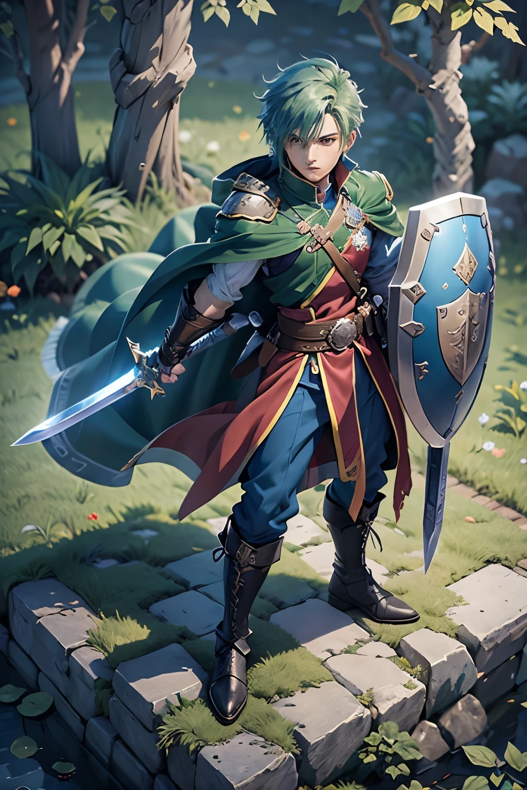 Final fantasy style, pixelated, character, cartoon, RPG character, legendary hero, 2D game isometric art, masterpiece, super detailing, holding sword in one hand and shield with coat of arms in other hand, digital quality at best , (blue military uniform), (green hair), (red fabric tied on the left shoulder).
