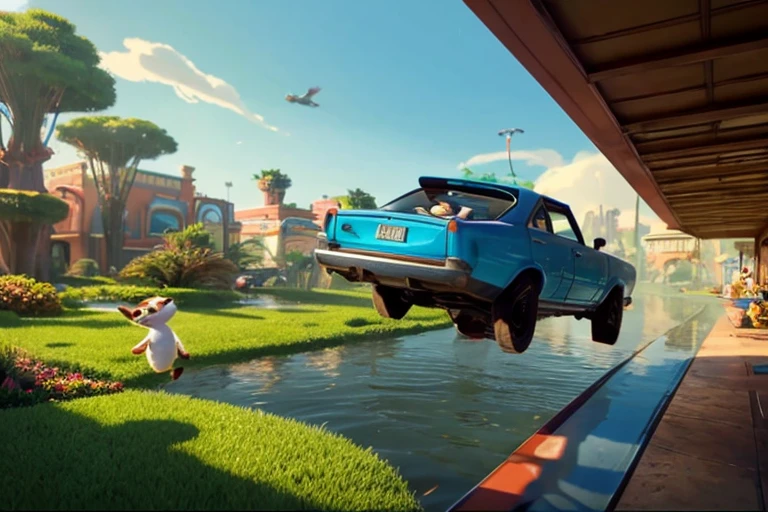 The world of the near future, the house is floating in the air, car floating in the air, Zootopia-like animals live like humans, Wide world, clean plants and water, Living animals are Pixar style, The living animals are smiling,