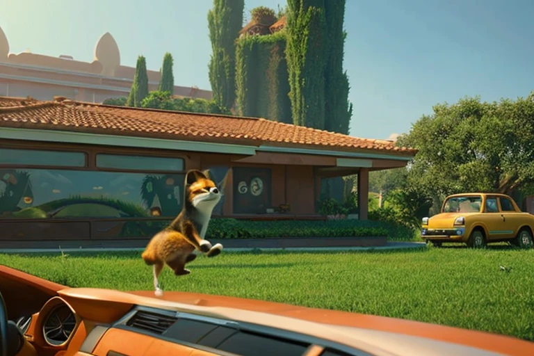 The world of the near future, the house is floating in the air, car floating in the air, Zootopia-like animals live like humans, Wide world, clean plants and water, Living animals are Pixar style, The living animals are smiling, 