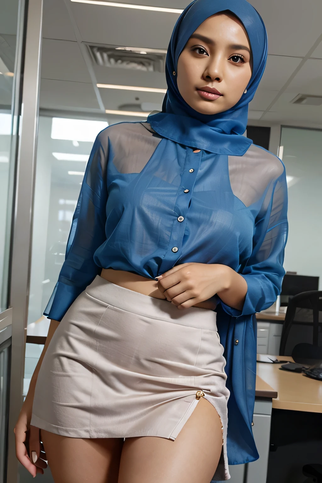 malaysian hijab, upper body close up, transparent cloth, office attire, mini skirt, panty