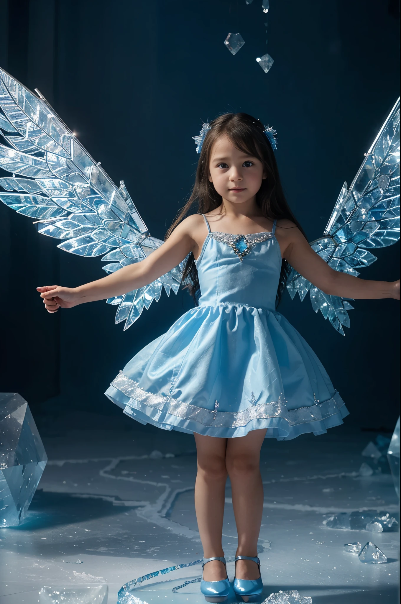 A  in an airy blue dress and shoes with crystal wings with a magic wand in her hands is flying in an ice castle