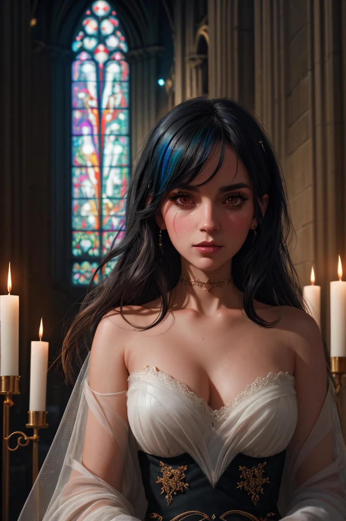 concept art, Tiny junior idol, Delicate lace knitted white clothes, (nipple:-0.9), ((Dazzling and delicate stained glass fills the backgrund, colorful Light shines through stained glass:1.2, vivid red colors)). (masterpiece:1.2),(ultra-detailed:1.37),(realistic,photorealistic,photo-realistic:1.37), (Extremely detailed KAWAII face variations, innocent expression variations), rosy cheeks, intricate detailed eyes with sparkling highlights, long eyelashes, subtle blush on the face. Mystic sight, haze, delicate shadows on the face, impeccable skin texture,expressive facial features, life-like expressions, captivating gaze, ((Dynamic-angle, physically-based rendering)), (whole Body proportions and all limbs are anatomically accurate),