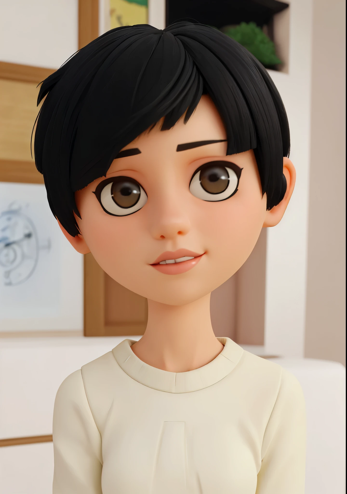3d cartoon, 16-years-old girl, short cut hair