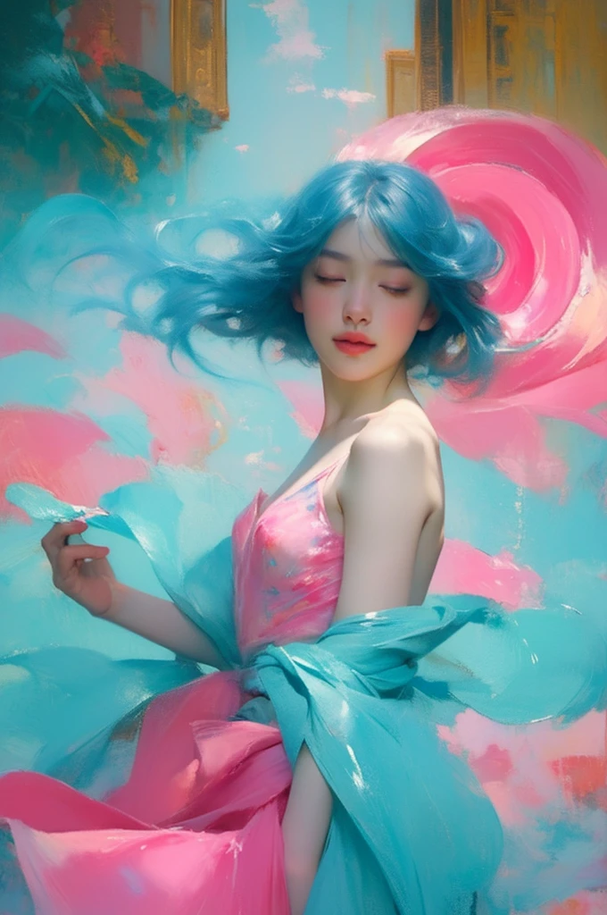 (oil painting:1.5), (NSFW:1.2), a woman joyfully twirling in the raining paint, paint raining, thick paint rainbow hair, body covered with paint, joyful, ((sfw)), calm facial expression, relaxed, gentle smile, (clothes made of liquid paint)), front view, ((small breasts, relaxed face, relaxed shoulders)), ((dynamic pose)), liquid details, correct anatomy, both arms visible, ((top-quality, 8K)), (Realistic), (Face Focus: 1.1), (blue and pink: 1.3), Kawaii Girl, short-hair, 
Hair fluttering in the wind, Facing to the side, Look up at your face, Eyes closed, (Sleeveless: 1.1)、Skirt, D Cup Breasts, Countless soap bubbles, (oil painting:1.5), (NSFW:1.2), a woman joyfully twirling in the raining paint, paint raining, thick paint rainbow hair, body covered with paint, joyful, ((sfw)), calm facial expression, relaxed, gentle smile, (clothes made of liquid paint)), front view, ((small breasts, relaxed face, relaxed shoulders)), ((dynamic pose)), liquid details, correct anatomy, both arms visible, ((top-quality, 8K)), (Realistic), (Face Focus: 1.1), (blue and pink: 1.3), Kawaii Girl, short-hair, Hair fluttering in the wind, Facing to the side, Look up at your face, Eyes closed, (Sleeveless: 1.1)、Skirt, D Cup Breasts, Countless soap bubbles,