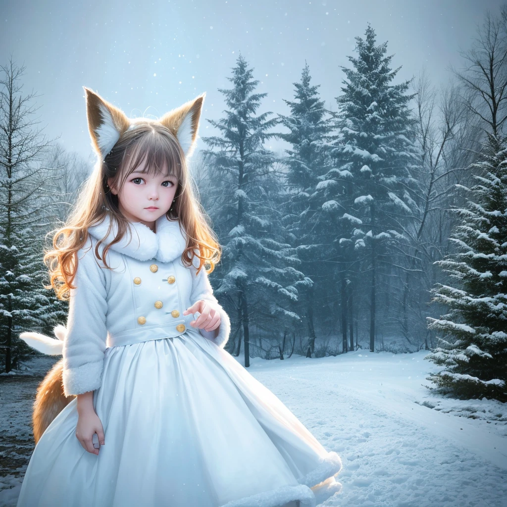 (RAW photo:1.2), (realistic:1.4), (highest quality:1.4), (Super high resolution:1.2), (very detailed:1.3), (nffsw:1.2), (cinematic lighting:1.3), (eye), (Yuki:1.2). ), Cute Little Fox, Are standing, (3/4 portrait: 1.2), (hairy tail: 1.2), (soft fur: 1.2), (Moe: 1.2), (look at the audience), (innocent look), (soft light), (dreamy), (dream: 1.3), (ethereal: 1.3), (magic: 1.2), (snowflake: 1.2), (winter wonderland: 1.3), (Whimsical: 1.2), (fun: 1.2), bust, alone
