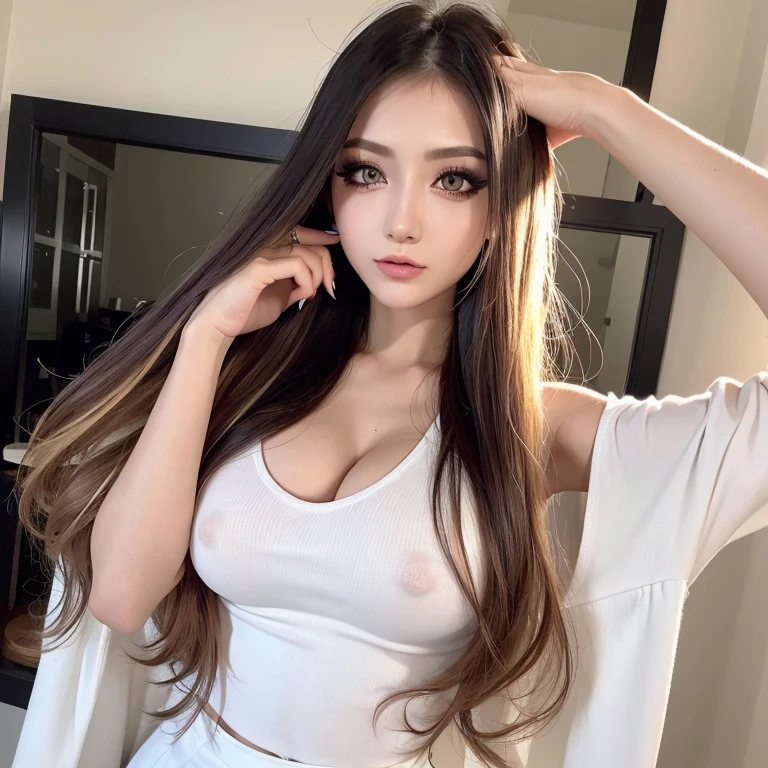 best quality, masterpiece, highres, (detailed:1.4), 1 girl, (thick eyeliner), bright hair color, streak, hair extensions, thick eyeshadow, Fair-skinned, extremally thin eyebrows, Highlighted eyes with eyeliner, false eyelashes,show off nipples under white shirt,press breasts together,arms up