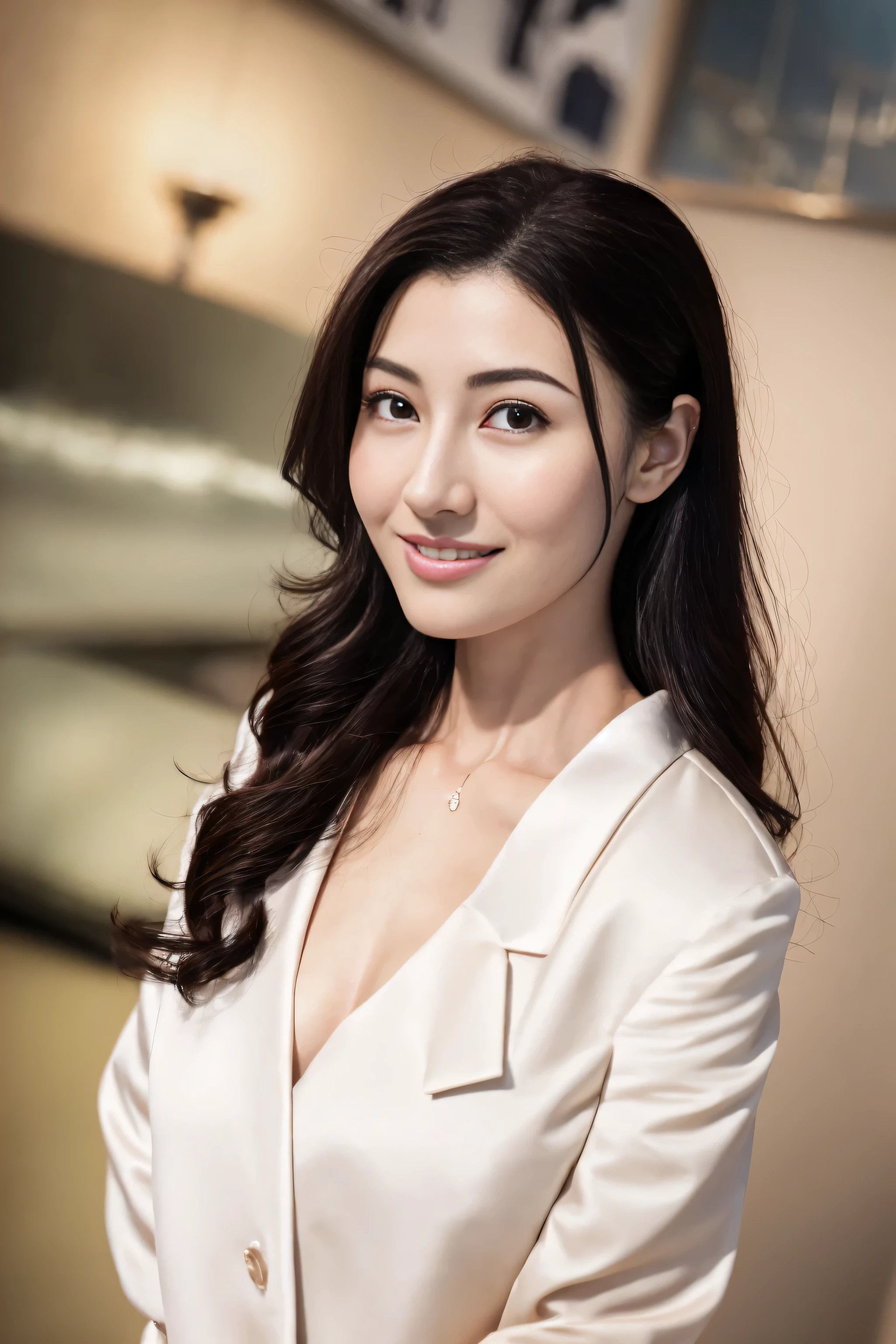 (8k、original photography、quality、masseter membrane:1.2)、super detailed、super resolution、(actual、real picture:1.37)、abortion、HD RAW color photography、Professional photography、hVery detailed and beautiful、Very detailed、8K picture wallpaper、Stunningly detailed、File size  huge、official art、HVery detailed CG Unity 8k wallpaper HVery detailed womas、Handsome profile of a 20-year-old woman, Very nice eyes、highly refined skin、Very detailed nose、Very detailed的嘴巴、perfect anatomy、background、detailed clothing、White skin、glitter on the skin、Charming potty、huge tits、A black-haired one、half length、a smile、lifelike face、exquisite eyes、sauce order、looking at camera、cowboy shooting、front、standing exercise posture、dynamic lighting
