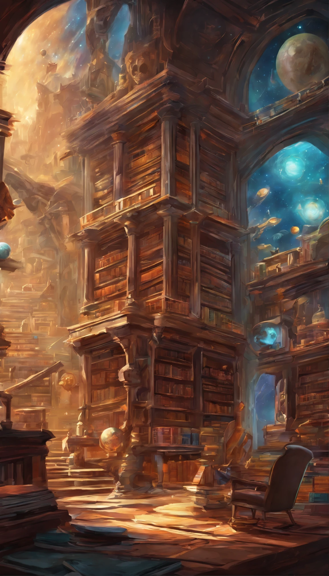 Generate an oil painting inspired by the concept of an intergalactic library, with ancient knowledge and cosmic wonders filling its shelves