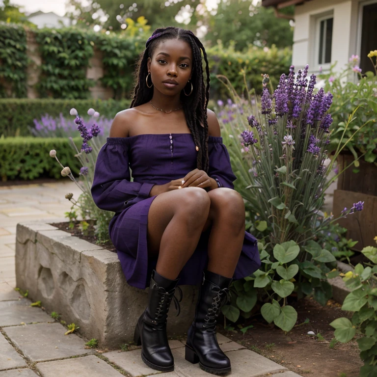 A 17 year old petite darkskin girl with green eyes, black sister locs, full lips, a nose ring, earrings in her ears, wearing a purple dress with black boots, holding lavender flowers inside a garden