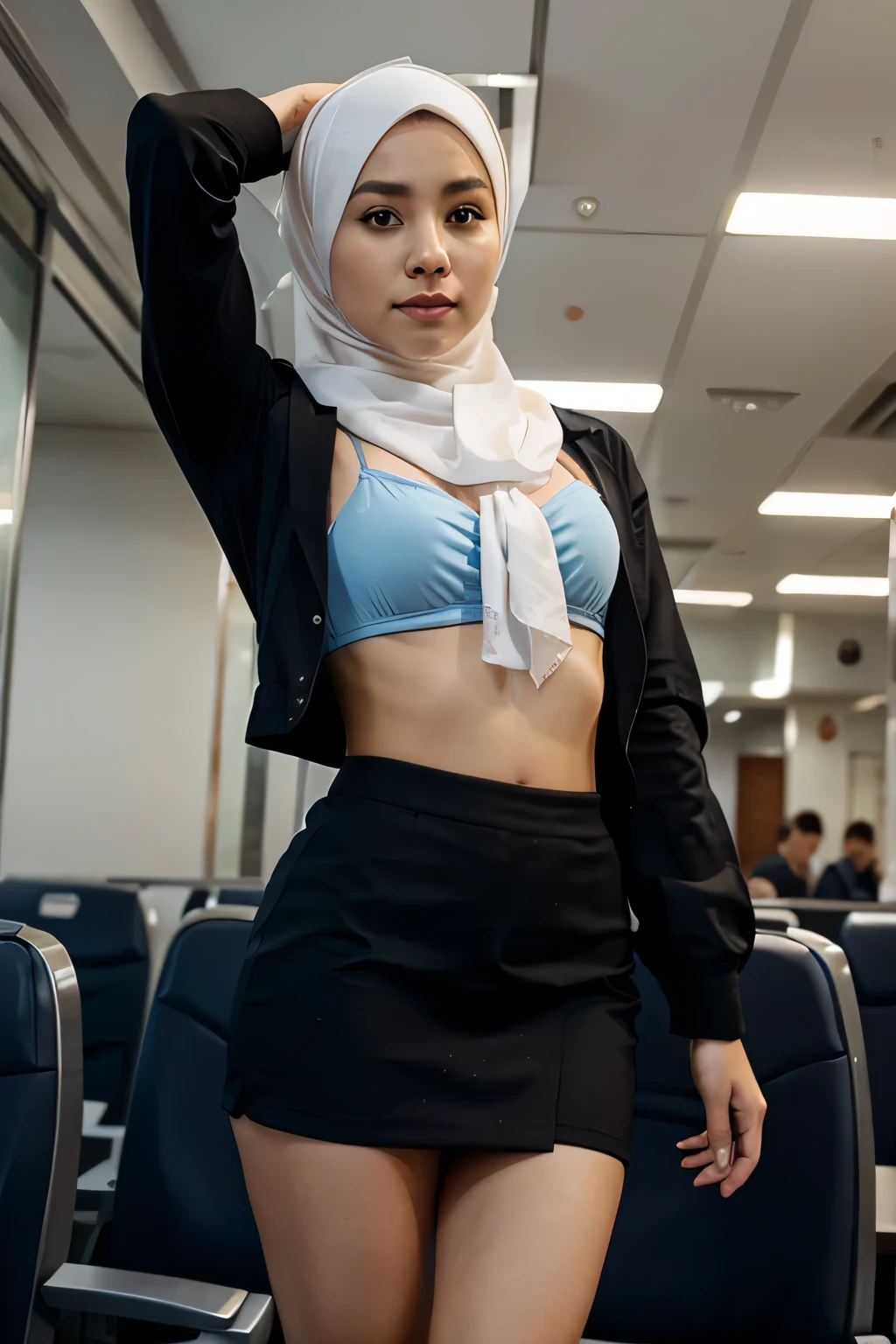 malaysian hijab, upper body close up, transparent cloth, stewardess, panty