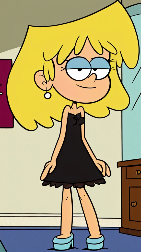 (masterpiece:1.4), (best quality:1.4), (high resolution:1.4), cartoon style, 2D illustration, solo, 1 girl, loriloud, highres, blonde hair, black eyes, bare neck, bare shoulders, white-skinned female, little black dress, black strapless dress, small choker, smile, black high heels, seductive, detailed, soft lighting, in bedroom, standing up, hand on a hip, full body.