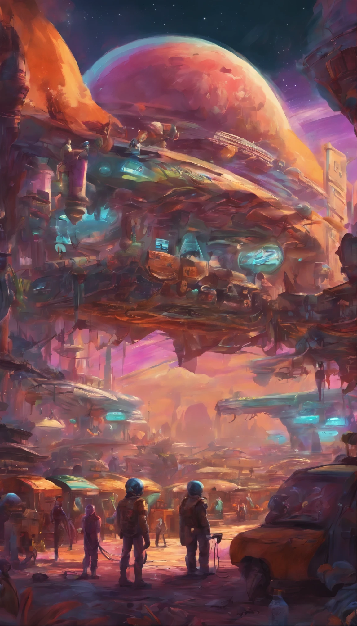 Generate an oil painting capturing the essence of a vibrant, alien market on a distant planet, with exotic goods and intergalactic visitors
