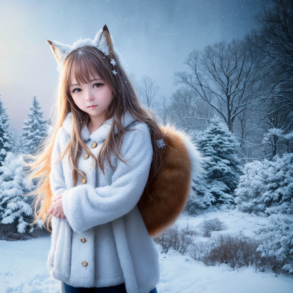 (RAW photo:1.2), (realistic:1.4), (highest quality:1.4), (Super high resolution:1.2), (very detailed:1.3), (nffsw:1.2), (cinematic lighting:1.3), (eye), (Yuki:1.2). ), Cute Fox, Are standing, (3/4 portrait: 1.2), (hairy tail: 1.2), (soft fur: 1.2), (Moe: 1.2), (look at the audience), (innocent look), (soft light), (dreamy), (dream: 1.3), (ethereal: 1.3), (magic: 1.2), (snowflake: 1.2), (winter wonderland: 1.3), (Whimsical: 1.2), (fun: 1.2), bust, alone