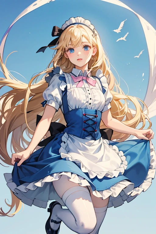 She has big blue eyes, pink lips, fair skin, and blonde, thick, medium-length hair held back by a black ribbon tied in a bow.
Alice's outfit is a cerulean and light blue short-sleeved knee-length skirted dress with a matching collar, and a white pinafore apron on top, with a bow tied in the back of her apron. Underneath her dress, she wears a white petticoat, a pair of white tights, and a frilly white knee-length and matching pantalettes. She also sports black Mary Jane shoes with brown/gray soles. Her dress is wide enough to make a parachute, so she can float down to Wonderland.