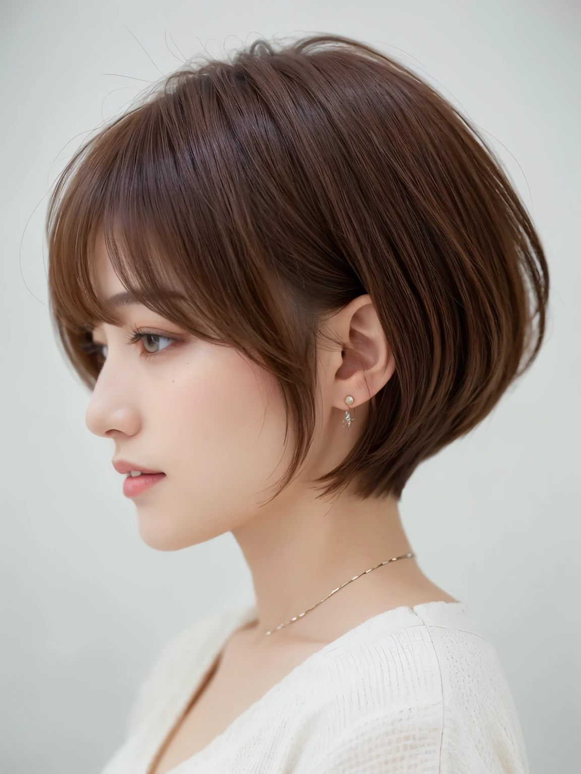 Taken in front of the white door、(8K、Raw photo、highest quality、masterpiece:1.2)、High-definition RAW color photo、professional photos、(realistic、フォトrealistic:1.37)、Shot in natural light、1 girl、laughter、(Versatile poses)、squat、squat、break (Ombre:1.3) 、Winter clothes、 necklace、(pastel clothing)、(Beautiful profile:1.3)、Don't look at the camera、profile、shortcut、((brown hair)、short hair、Eye color dark brown、(Beautiful profile:1.3)、correct hand of human body、Large piercings