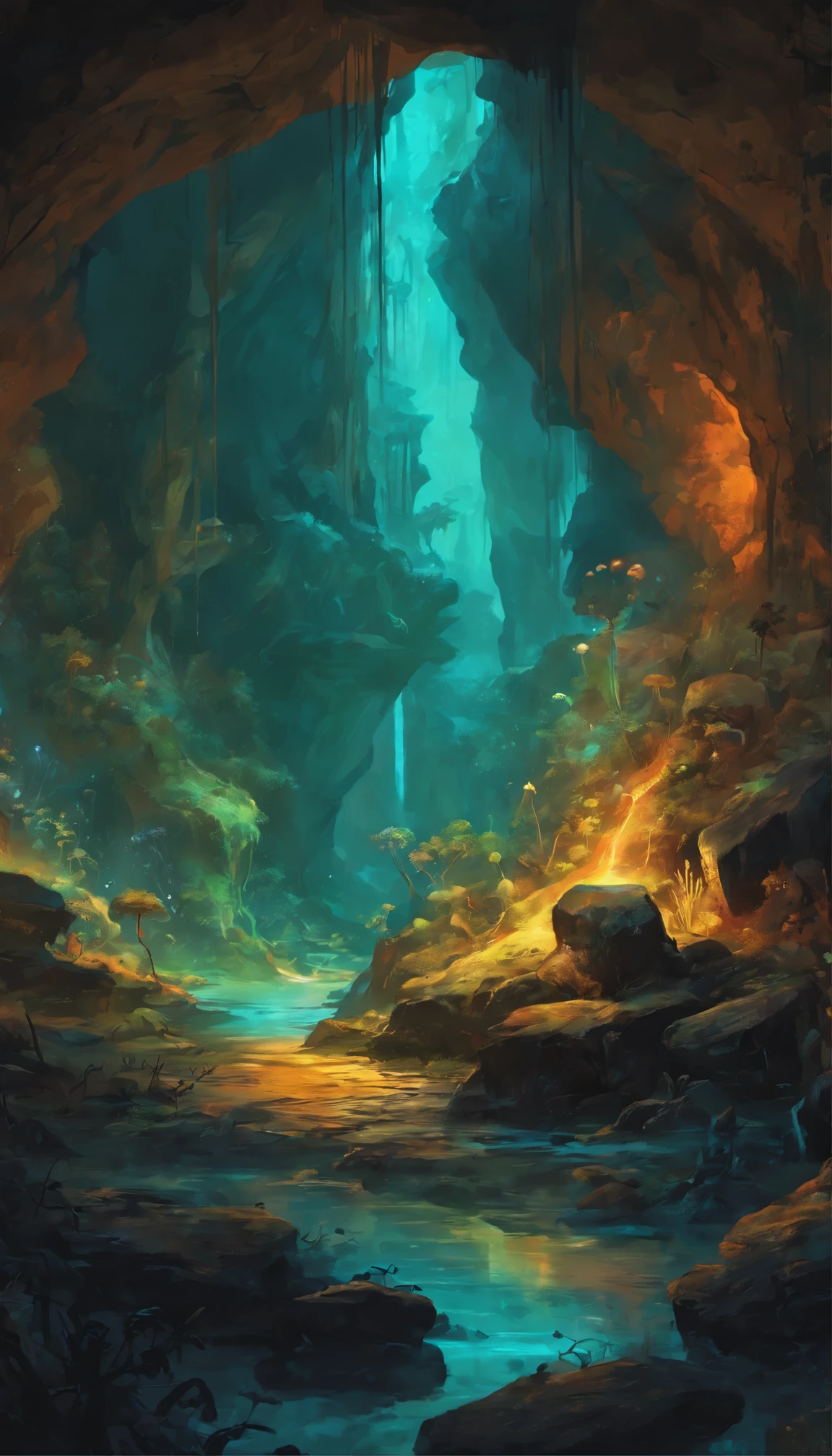 Generate an oil painting portraying the mysterious allure of a hidden cave, illuminated by bioluminescent fungi and ancient glyphs