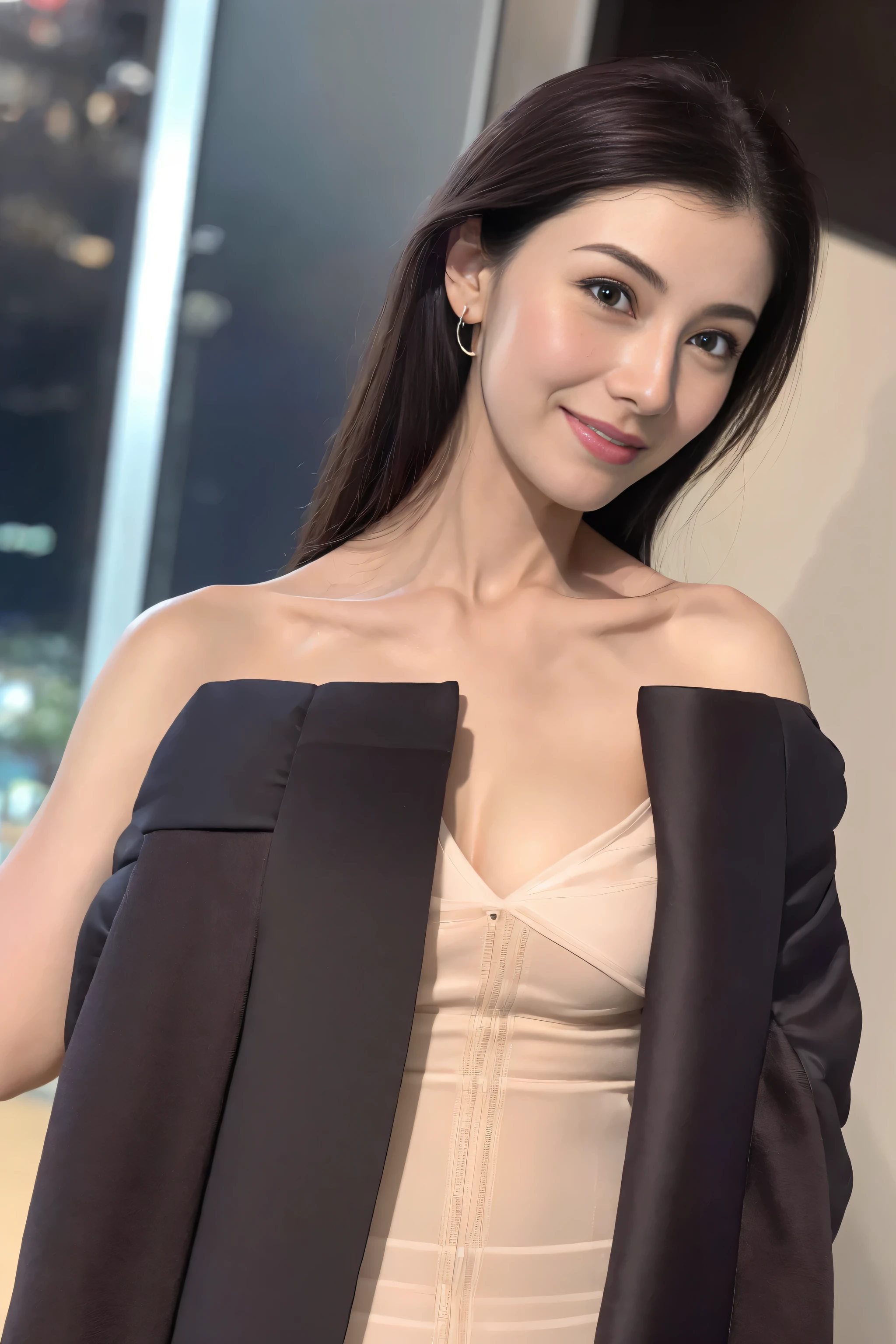 (8k、original photography、quality、masseter membrane:1.2)、super detailed、super resolution、(actual、real picture:1.37)、abortion、HD RAW color photography、Professional photography、hVery detailed and beautiful、Very detailed、8K picture wallpaper、Stunningly detailed、File size huge、official art、HVery detailed CG Unity 8k wallpaper HVery detailed womas、Handsome profile of a 20-year-old woman, Very nice eyes、highly refined skin、Very detailed nose、Very detailed的嘴巴、perfect anatomy、background、detailed clothing、White skin、glitter on the skin、Charming potty、huge tits、A black-haired one、half length、a smile、lifelike face、exquisite eyes、sauce order、looking at camera、cowboy shooting、front、standing exercise posture、dynamic lighting