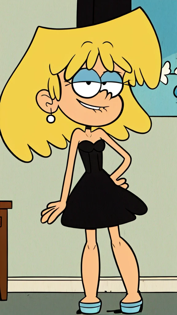 (masterpiece:1.4), (best quality:1.4), (high resolution:1.4), cartoon style, 2D illustration, solo, 1 girl, loriloud, highres, blonde hair, black eyes,  neck,  shoulders, white-skinned female, little black dress, black strapless dress, small choker, smile, black high heels, , detailed, soft lighting, in bedroom, standing up, hand on a hip, full body.