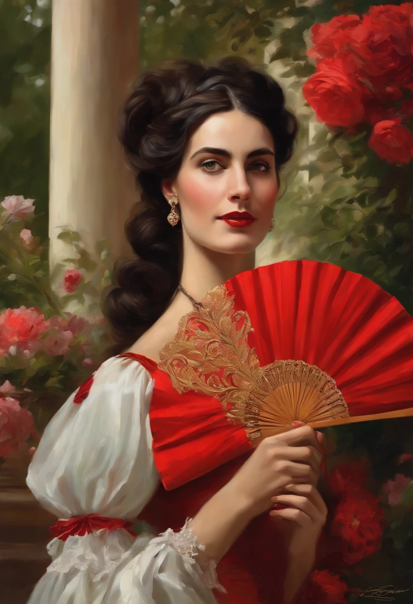 Painting of an exuberant woman in a red wedding dress in the Victorian era, holding a red fan, woman with a Spanish bun, in Spain, thin and delicate features, black hair, green eyes, holding bouquet of flowers, delicate and sexy mouth, body entire, in a garden with flowers and Greek columns