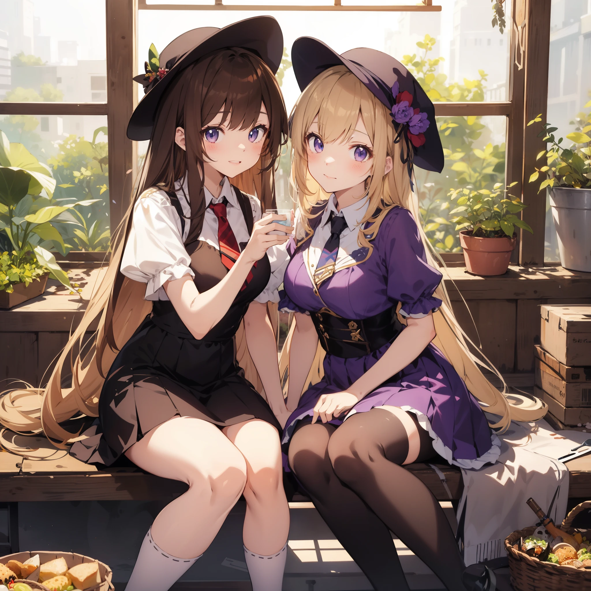 anime girl sitting on a bench with a basket of food, two beautiful anime girl, everyone, wlop and sakimichan, Gweiz, artwork in the style of Gweiz, rorish, girls front line style, anime girl, nixeu and sakimichan, Hololive, Gweiz on pixiv artstation, From Dolls Frontline