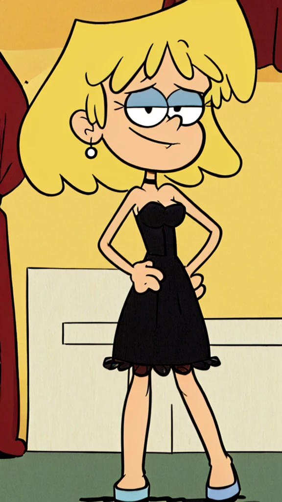 (masterpiece:1.4), (best quality:1.4), (high resolution:1.4), cartoon style, 2D illustration, solo, 1 girl, loriloud, highres, blonde hair, black eyes, bare neck, bare shoulders, white-skinned female, little black dress, black strapless dress, small choker, smile, black high heels, seductive, detailed, soft lighting, in bedroom, standing up, hand on a hip, full body. 