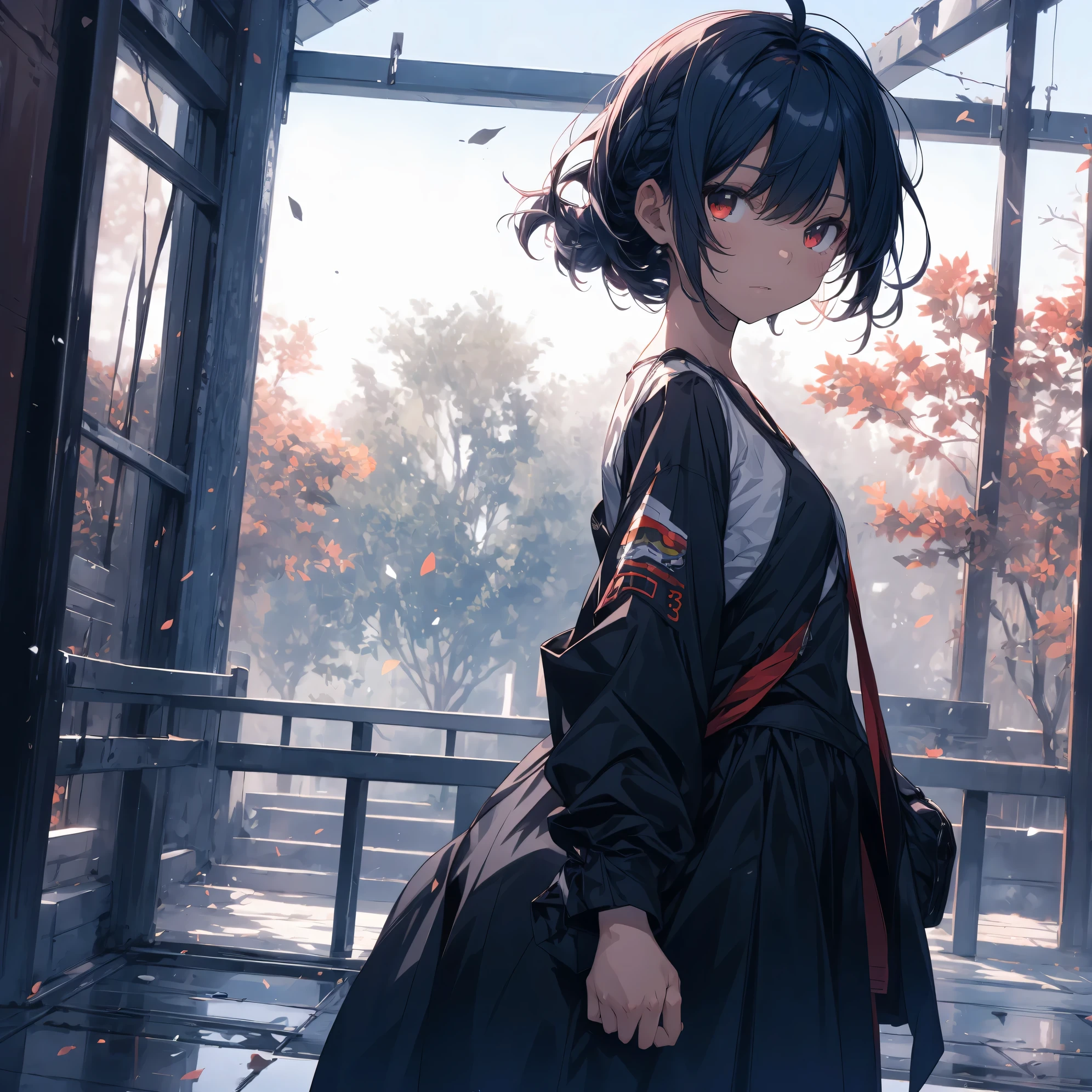 Super high quality by the art god, super detailed, High resolution,  Ilya Kubshinov style,  anime moe art style, best anime 8K konachan wallpaper, pixiv contest winner, perfect anatomy, break,(Please draw a sleepy girl walking alone to the village.. ),break, surreal tomboy, (alone,change, child,13 years old:1.3),All limbs, full finger, ((black skin)), androgynous charm, (silver hair), messy hair, Ahoge, flat and soft chest, small ass, between legs, small eyes,beautiful detailed red eyes, Well-proportioned iris and pupils, High resolutionの詳細な髪, (Tank top, skirt:1.3), bare shoulders, In front of Satoyama. break,super dense skin, Best lighting by famous artists, 8K, figure,