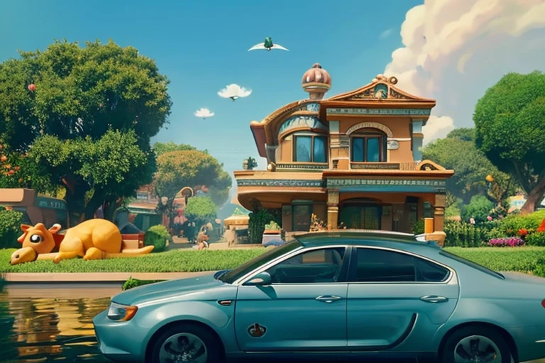 The world of the near future, the house is floating in the air, car floating in the air, Animals like Zootopia live like humans, Wide world, clean plants and water, Live animals are Pixar style, living animals are smiling, city, Mr.々animals coexist