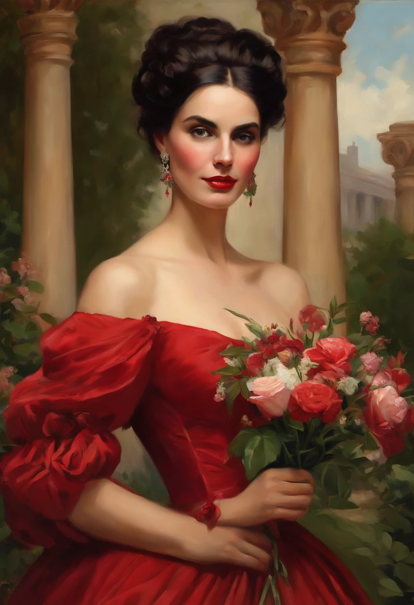 Painting of an exuberant woman in a red wedding dress in the Victorian era, holding a red fan, woman with a Spanish bun, in Spain, thin and delicate features, black hair, green eyes, holding bouquet of flowers, delicate and sexy mouth, body entire, in a garden with flowers and Greek columns