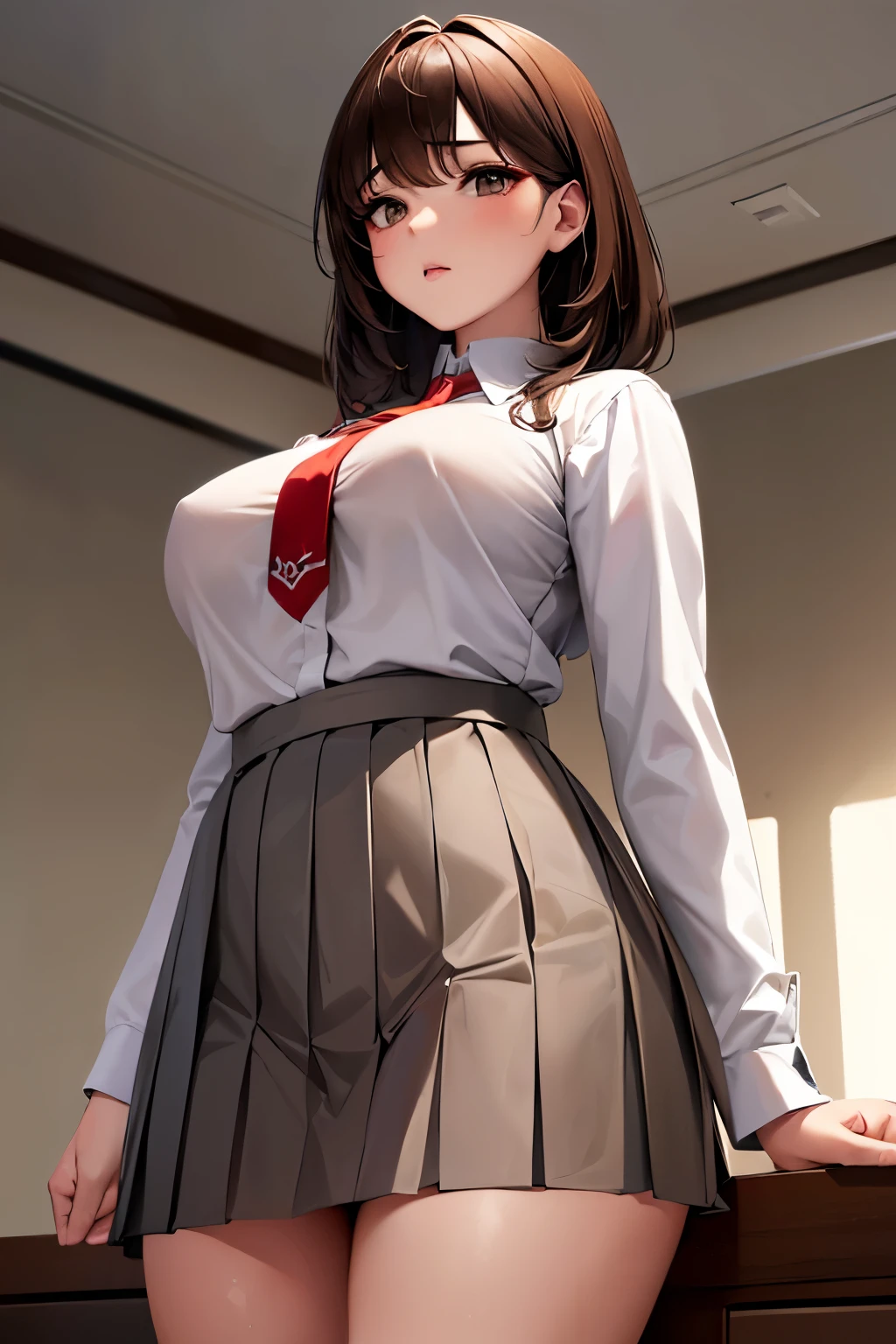 (extremely details CG, Unity, 8K Wallpaper extremely delicate and beautiful), (​masterpiece), (top-quality:1.0), (超A high resolution:1.0), ((perfect proportion shot:1.0)), beautiful vibrant lighting, realistic shadow, [high resolution], pretty face, slanted brown eyes, soft angled brow, , arrogant expression, ((brown hair)), ((medium hair)), ((fringe)), (((medium breasts size))), plumpy body shape, high school, classroom, dynamic angle, ((white long sleeve shirt)), ((red ribbon tie)), ((pleated grey square motif skirt)), ((waist up shot))