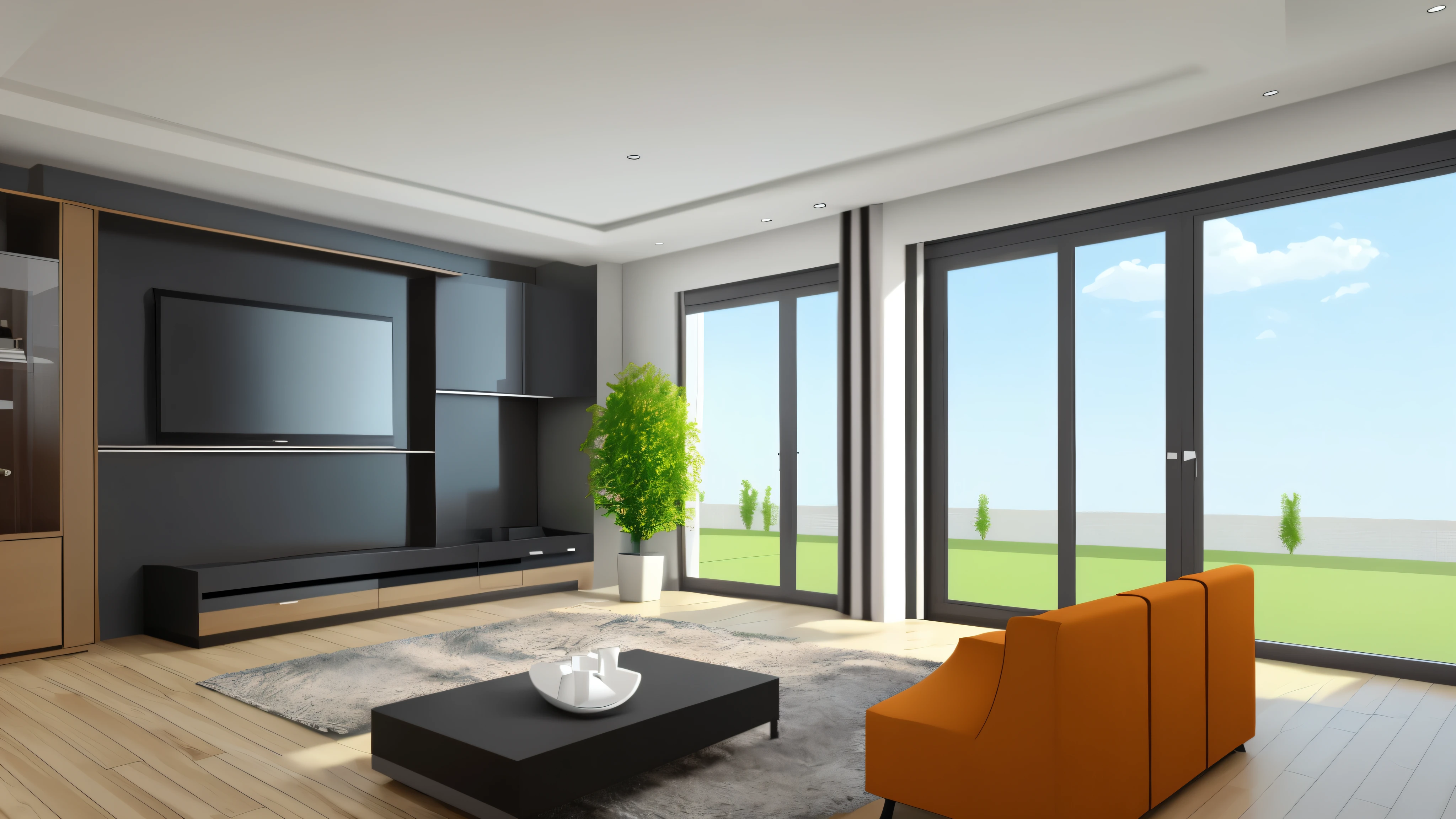 You are a famous interior designer、You have been asked to create a 3D image of a modern large room. Create a harmonious environment with modern and minimalist furniture. Including garden interior.