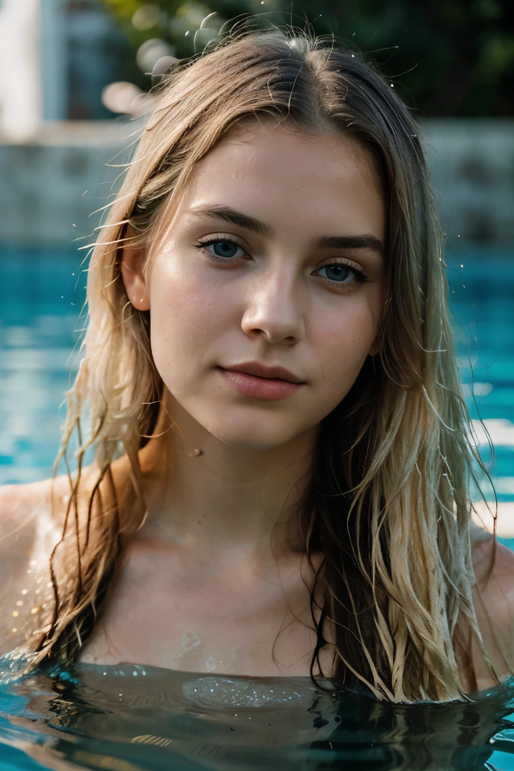 instagram photo, close face, blonde girl emerging from the pool, wet hair, ultra hd, neon light, reflection on the water