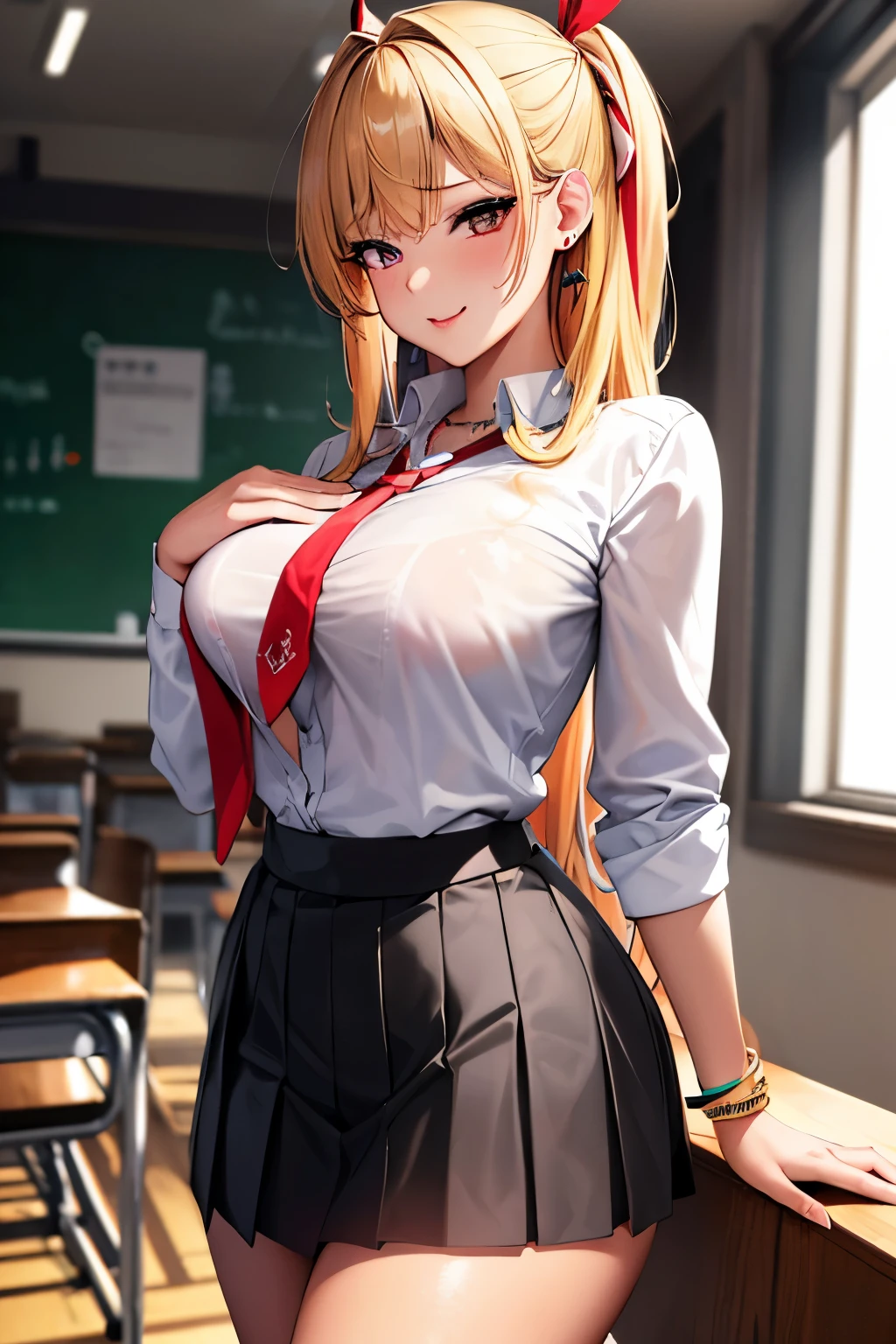 (extremely details CG, Unity, 8K Wallpaper extremely delicate and beautiful), (​masterpiece), (top-quality:1.0), (超A high resolution:1.0), ((perfect proportion shot:1.0)), beautiful vibrant lighting, realistic shadow, [high resolution], ((brown tanned skin)), cute face, round eyes, red contact lens, slanted angled brow, , bold expression, naughty smile, red lips, ((blonde dyed hair)), ((tied up hair)), (((medium breasts size))), plumpy body shape, gyaru girl, high school classroom, colorful necklaces, colorful bracelets, earrings, ((white long sleeve shirt)), ((red ribbon tie)), ((pleated grey square motif skirt)), ((waist up shot))