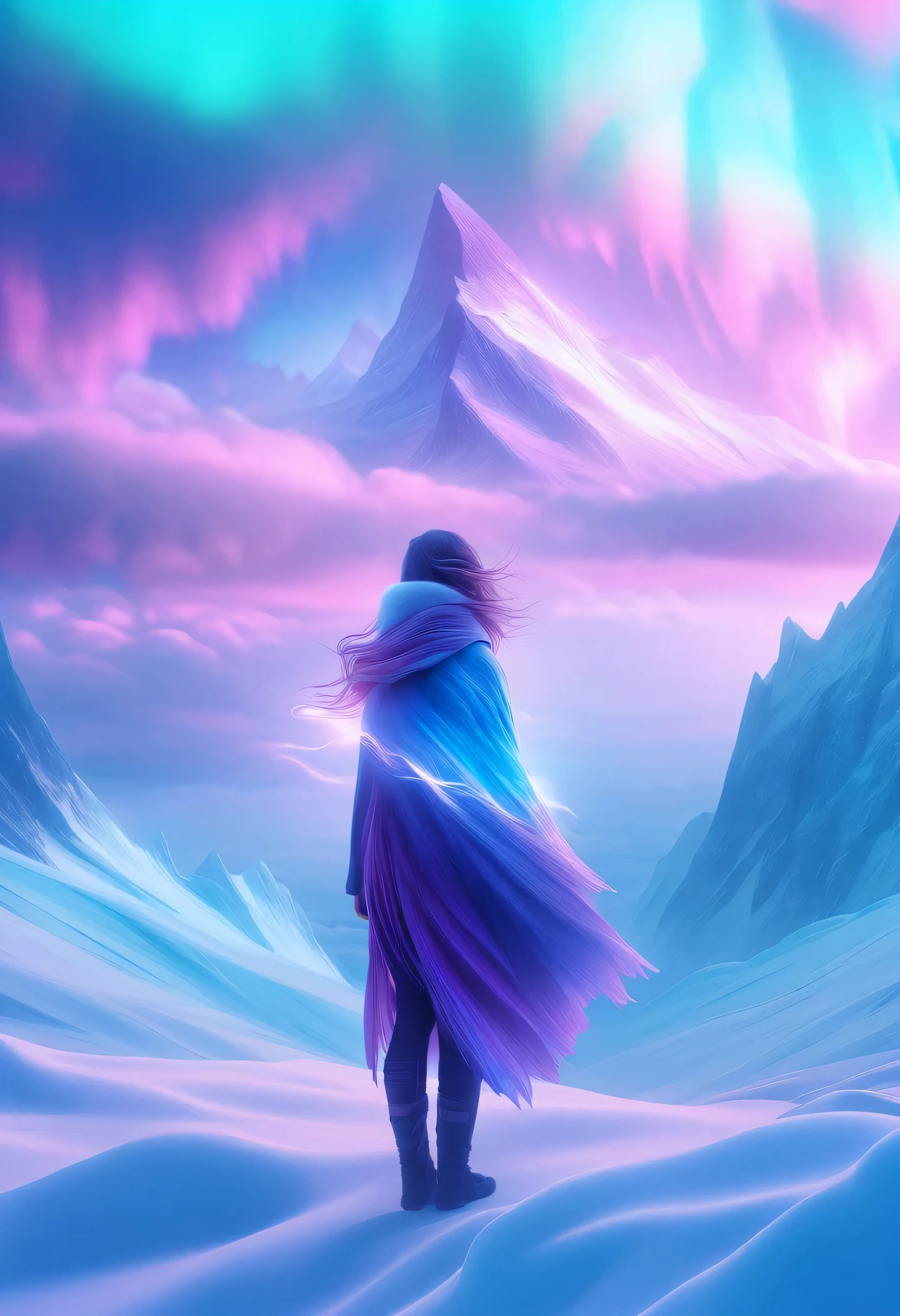 Estilo de photograph ofl modelo, (Extremadamente detallado 8K CG Wallpape),Luz extrema，1 chica，Stand under the iceberg，Admira la hermosa aurora boreal，Personachi Cyberpunk [Snow covered mountainous landscape with fog：Transparent ethereal girl，snow mountains：0.33] Immerse yourself in the beautiful aurora，Vive en las nubes del cielo estrellado，Behind the clouds，（double exposure：1.3），El rostro se confunde con la aurora.，Snow covered mountains overlap.，Varios elementos mezclan la imagen，photograph of：Brandon Woelfelmist，surreal dreams，Gray atmosphere，Rainy days，Eso es todo，acceso，HDR，hyperrealistic fantasy art，Epic Digital Fantasy Art Style，beautiful science fiction art, Ilustración de Sci-Be Digital Art.,sci fi digital painting, Pintura digital futurista, Arte conceptual futurista, In front of a snow-covered sci-fi mountainous landscape, Sci-Be Digital Art, Fantastic transparent ethereal girl
