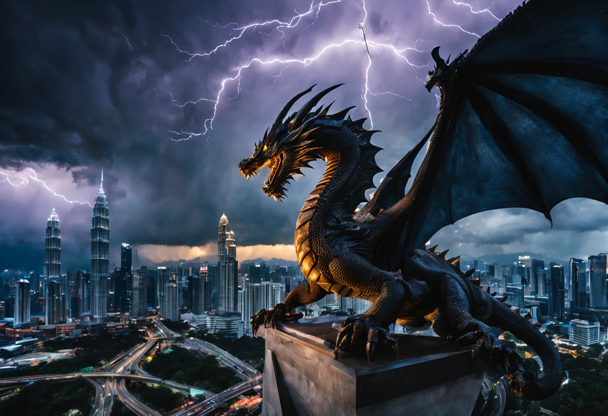 Hyperrealistic photography of a dragon perched on KLCC, with stormy sky and lightning in the background while Malaysian Armed Forces attacking it.