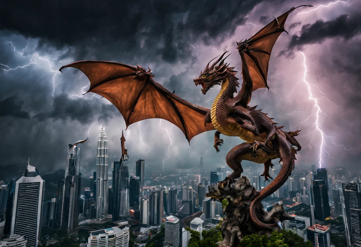 Hyperrealistic photography of a dragon perched on KLCC, with stormy sky and lightning in the background while Malaysian Armed Forces attacking it.