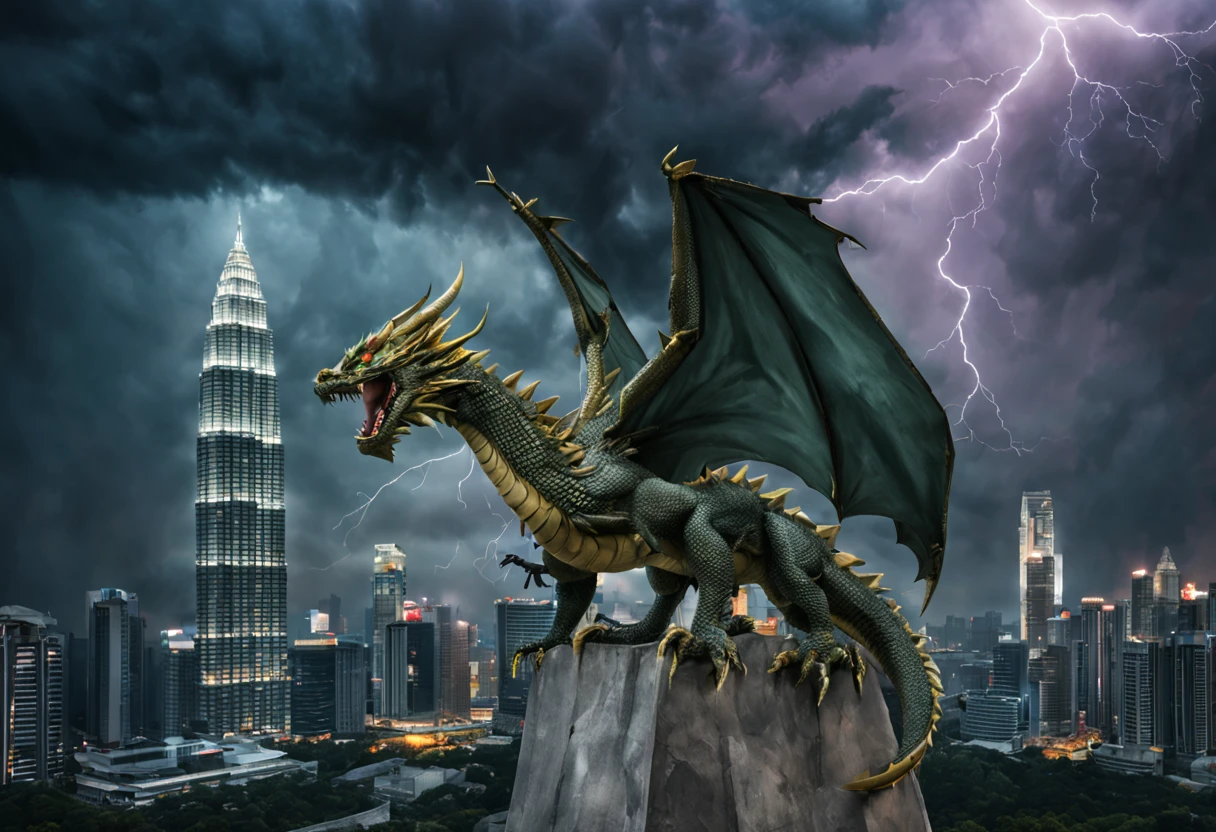 Hyperrealistic photography of a dragon perched on KLCC, with stormy sky and lightning in the background while Malaysian Armed Forces attacking it.