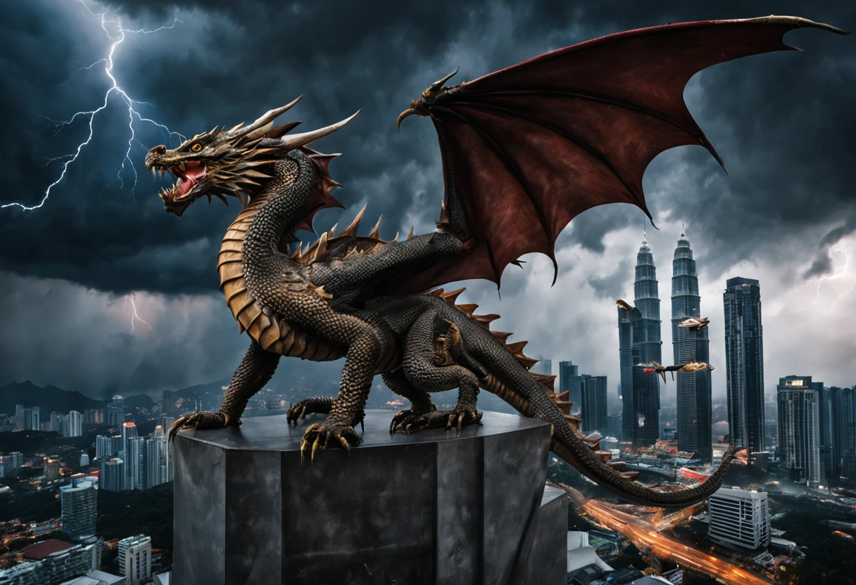 Hyperrealistic photography of a dragon perched on KLCC, with stormy sky and lightning in the background while Malaysian Armed Forces attacking it.