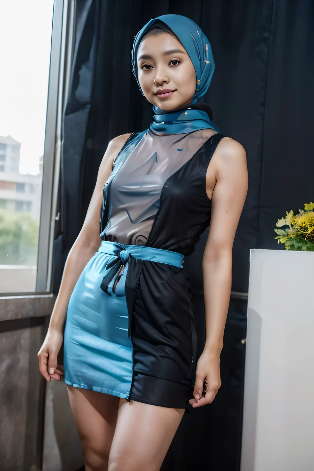 malaysian hijab, upper body, transparent cloth, dress, panty