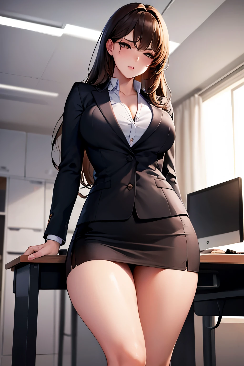 (extremely details CG, Unity, 8K Wallpaper extremely delicate and beautiful), (​masterpiece), (top-quality:1.0), (超A high resolution:1.0), ((perfect proportion shot:1.0)), beautiful vibrant lighting, realistic shadow, [high resolution], pretty face, slanted brown eyes, soft angled brow, 34 years old, arrogant expression, angry, ((brown hair)), ((semi-long shoulder-length hair)), (((medium breasts size))), plumpy body shape, office, office stuff, humiliating pose, dynamic angle, ((outer formal office suit)), opened suit, ((short skirt)), cleavage, office desk, ((waist up shot)))