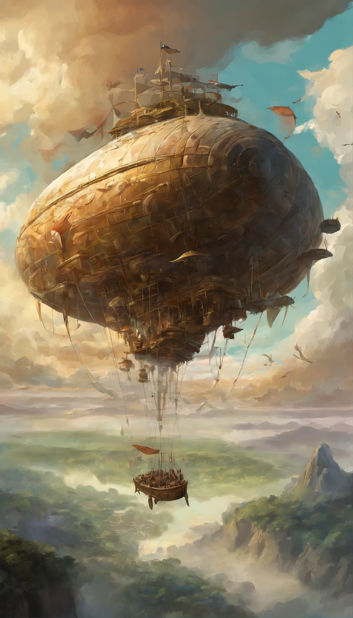 Generate an oil painting illustrating a fantastical airship race in a sky filled with floating islands and swirling clouds
