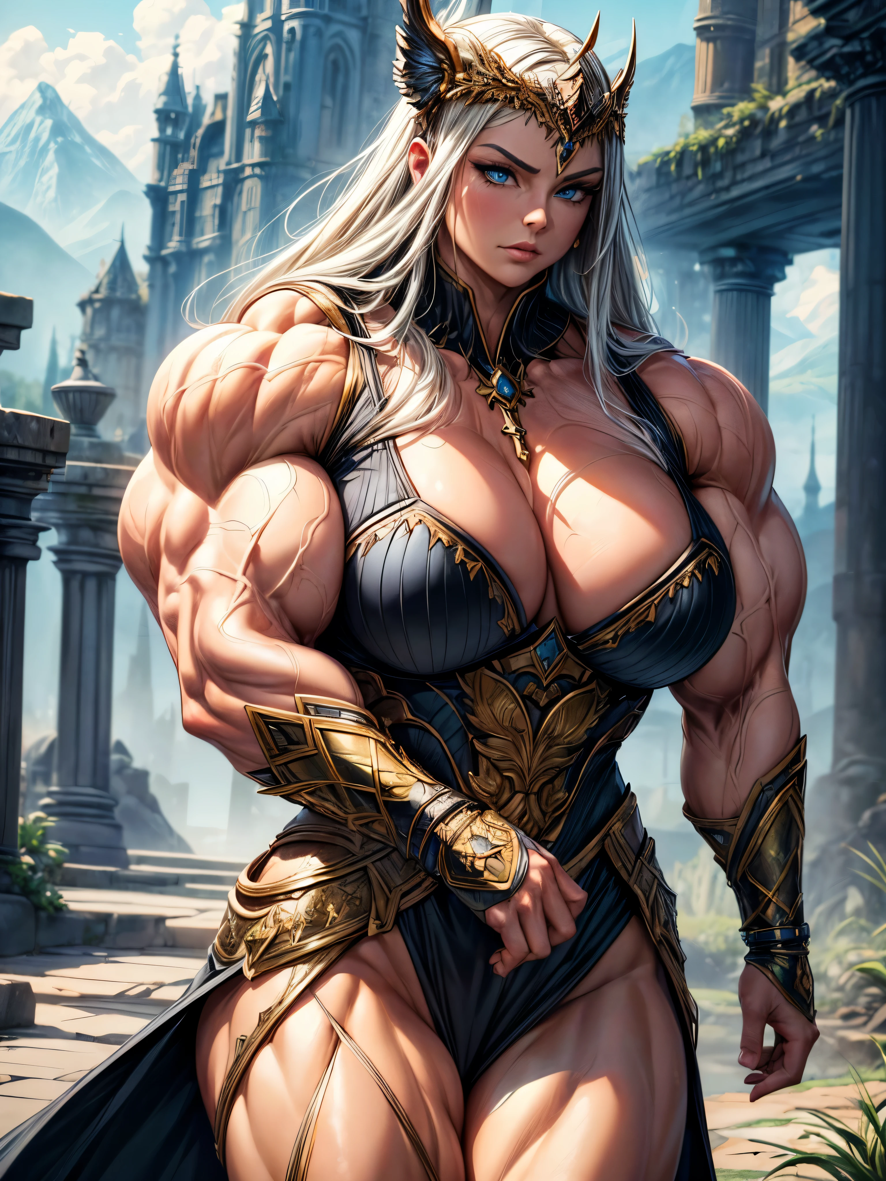 (best quality,4k,8k,highres,masterpiece:1.2),ultra-detailed,(realistic,photorealistic,photo-realistic:1.37),a knight girl with medieval armor,beautiful detailed eyes,beautiful detailed lips,extremely detailed eyes and face,longeyelashes,shining metallic armor,burnished steel sword,ornate helmet with feather plume,flowing cape with intricate patterns,confident and fierce expression,graceful and powerful posture,captivating background filled with ruins and castles,majestic mountains in the distance,fantasy art style,vibrant and rich color palette,warm and golden color tone,soft and dramatic lighting,ethereal and magical atmosphere ((lauiuscle:1.5)),(dry_muscle)),((huge_muscle:1.5)), female:1.5,Dark from front, upper_body, laugh, flex muscle,