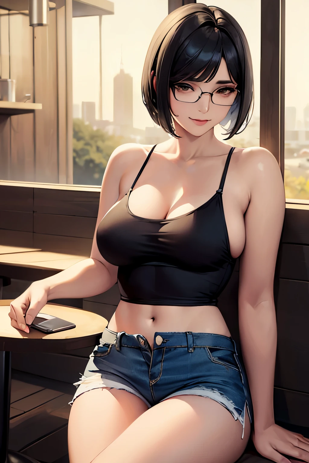(extremely details CG, Unity, 8K Wallpaper extremely delicate and beautiful), (​masterpiece), (top-quality:1.0), (超A high resolution:1.0), ((perfect proportion shot:1.0)), beautiful vibrant lighting, realistic shadow, [high resolution], round cute face, round brown eyes, soft angled brow, , shy, smile, timid, scared, ((black hair)), ((pixie bob cut very short hair)), glasses (((medium breasts size))), plumpy body shape, cafe, drinking coffee, ((yellow tanktop)), short jeans, sitting on cafe sofa outdoor, ((waist up shot)))