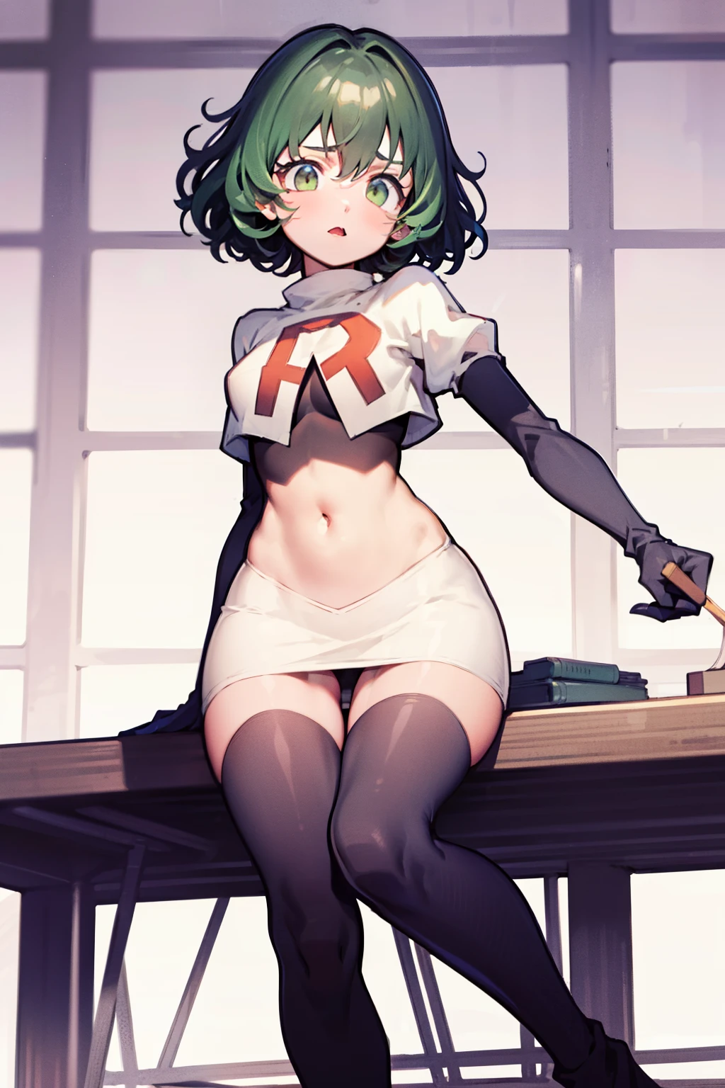 Natural Volumetric Lighting And Best Shadows, Deep Depth Of Field, Sharp Focus,1girl, solo, Terrible_Tornado,looking_at_viewer, blush, short_hair, bangs, green_hair, green_eyes,detailed eyes, small_breasts, green_hair, side_slit, curly_hair, flipped_hair,team rocket,team rocket uniform, red letter R, white skirt,white crop top,black thigh-highs,black elbow gloves