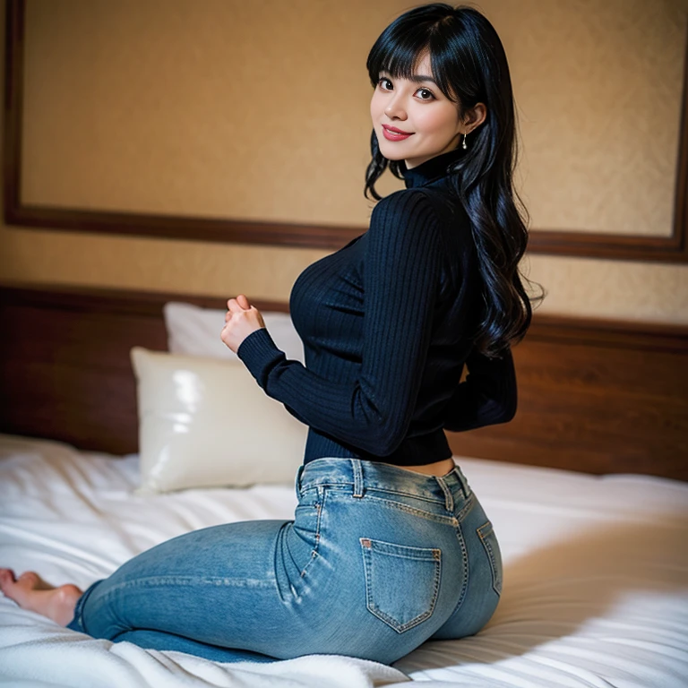 Female, 45 years old, long wavy black hair、bangs、tight white turtleneck sweater, plump nipples、Tight jeans pants, Jacket、medium milk, cute smile、(butt sticking out pose)、(looked back)、sexy hips、barefoot, living、sexy pose、sexy lace panty necklace、earrings、Photo showing the whole body, big ass, plump thighs