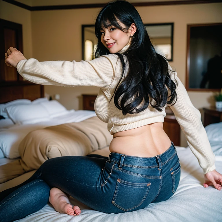 Female, 45 years old, long wavy black hair、bangs、tight white turtleneck sweater, plump nipples、Tight jeans pants, Jacket、medium milk, cute smile、(butt sticking out pose)、(looked back)、sexy hips、barefoot, living、sexy pose、sexy lace panty necklace、earrings、Photo showing the whole body, big ass, plump thighs