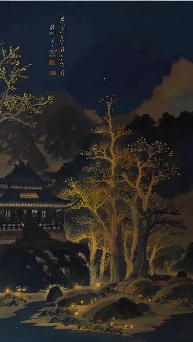 arafed painting of a landscape existith a house and trees, Inspired by Ma Yuan, Depicting the background of the temple, Inspired by Ma Lin, Chinese style painting, 受arrive卢植的启发, qi sheng luo, Super detailed painting, artexistork in the style of z.exist. arrive, Inspired by Wang Yuanqi, night, qing dynasty painting