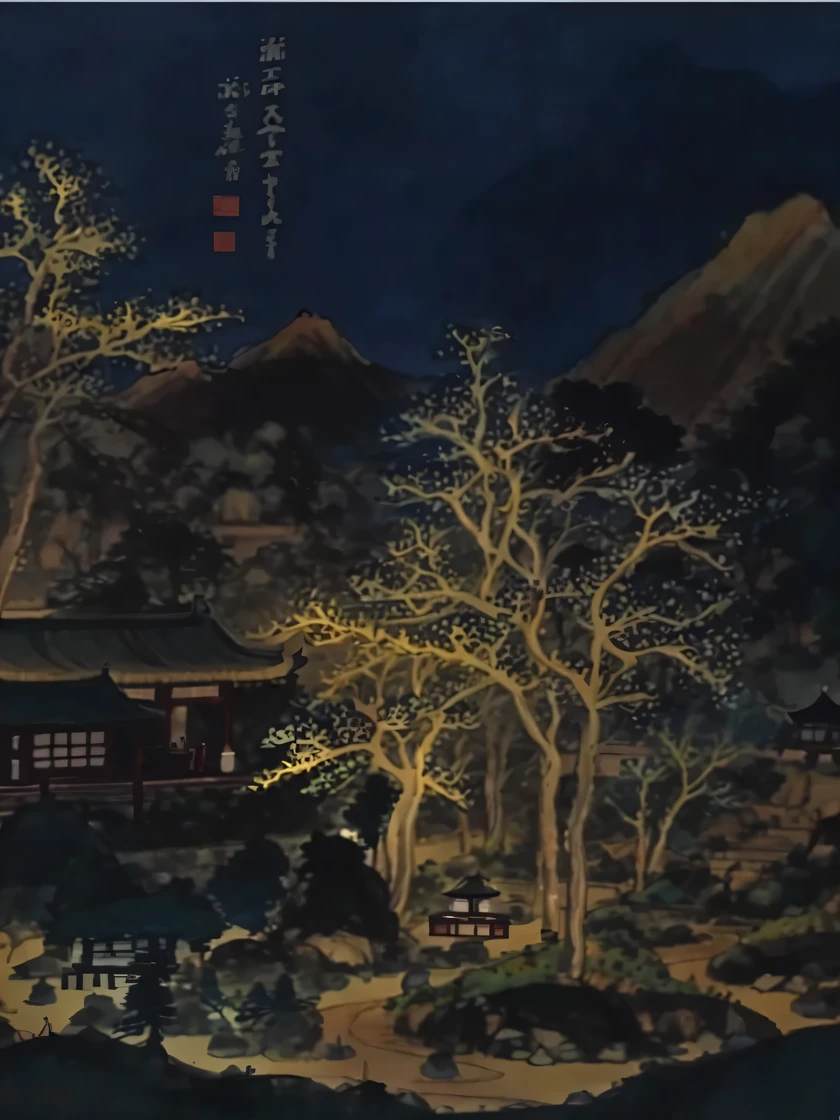 arafed painting of a landscape existith a house and trees, Inspired by Ma Yuan, Depicting the background of the temple, Inspired by Ma Lin, Chinese style painting, 受arrive卢植的启发, qi sheng luo, Super detailed painting, artexistork in the style of z.exist. arrive, Inspired by Wang Yuanqi, night, qing dynasty painting