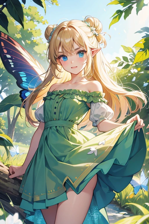 She has baby blue eyes, shoulder-length blonde hair worn in a bun  with her bangs out, dirty-blonde eyebrows, and pointy elf-like ears.

She  wearing a green strapless dress with a miniskirt. On her feet, she wears green flats with white puffballs on her toes. She also has clear, butterfly-like wings on her back. 