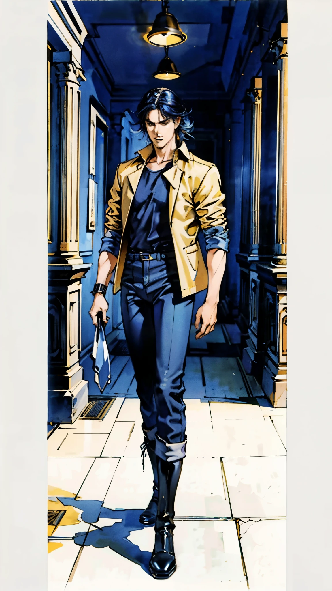 In the backdrop of an ancient fantasy-reality setting, a youth sporting a platinum crew cut displays a piercing gaze and confident demeanor. Adorned in a two-piece fusion outfit, seamlessly blending Western and Eastern influences, he wears a snug dark top paired with a vibrant yellow-blue short jacket. The lower half features loose white utility pants, and his sturdy long boots echo through the corridors of an antiquated architectural landscape. The overall aesthetic captures the essence of a refined and mature anime-inspired rogue, symmetrical face, extremely detailed eyes and face, high quality eyes, high definition, highres, ultra-fine painting, exquisite and mature, extremely delicate, professional, anatomically correct, creativity, UHD, HDR, 32k, Natural light, cinematic lighting, best shadow, masterpiece-anatomy-perfect, best quality, masterpiece, ultra-detailed