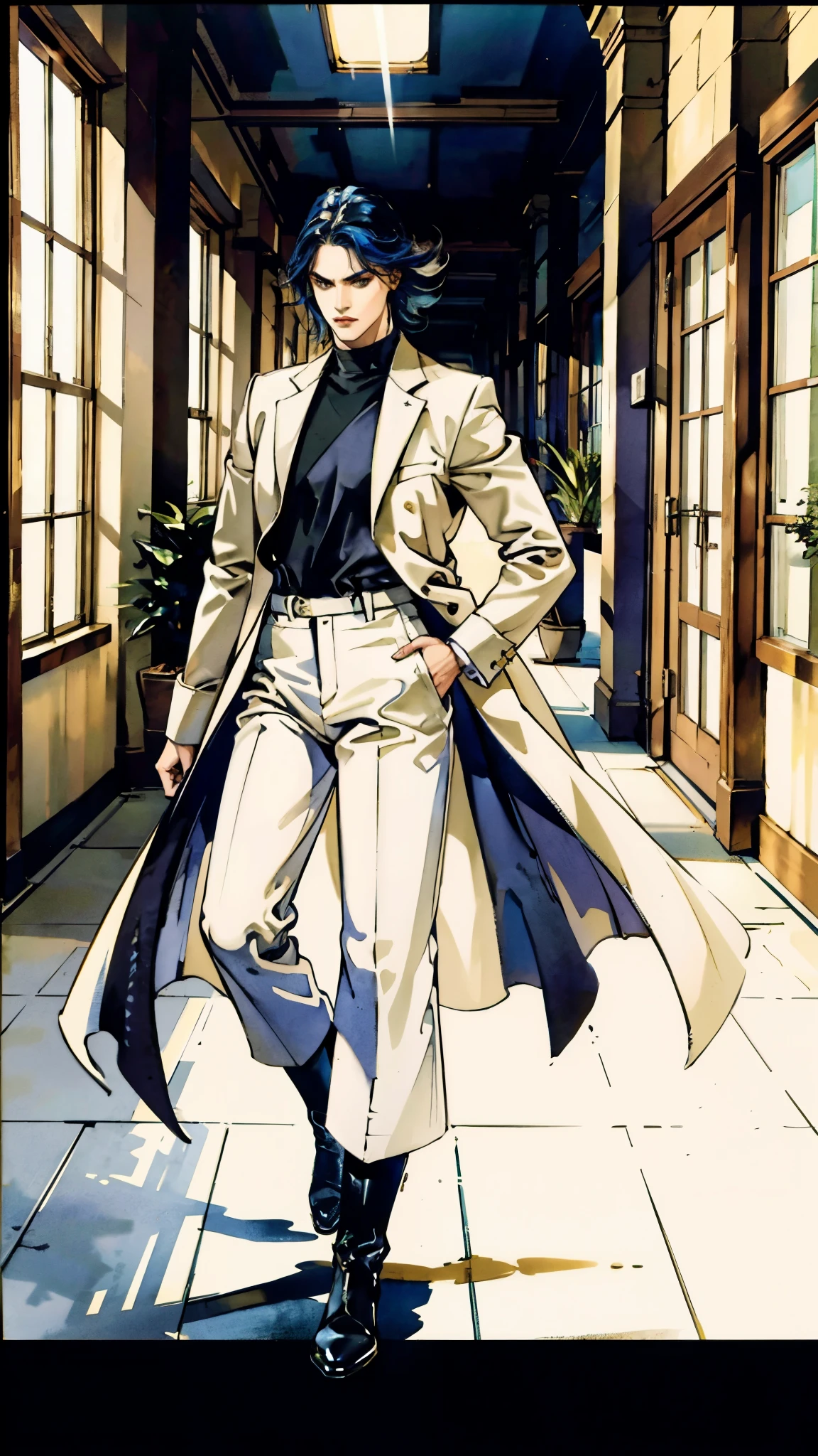 In the backdrop of an ancient fantasy-reality setting, a youth sporting a platinum crew cut displays a piercing gaze and confident demeanor. Adorned in a two-piece fusion outfit, seamlessly blending Western and Eastern influences, he wears a snug dark top paired with a vibrant yellow-blue short jacket. The lower half features loose white utility pants, and his sturdy long boots echo through the corridors of an antiquated architectural landscape. The overall aesthetic captures the essence of a refined and mature anime-inspired  rogue, symmetrical face, extremely detailed eyes and face, high quality eyes, high definition, highres, ultra-fine painting, exquisite and mature, extremely delicate, professional, anatomically correct, creativity, UHD, HDR, 32k, Natural light, cinematic lighting, best shadow, masterpiece-anatomy-perfect, best quality, masterpiece, ultra-detailed
